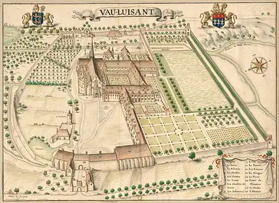 Vue à vol d’oiseau de l’abbaye de Vauluisant, dessin de 1692